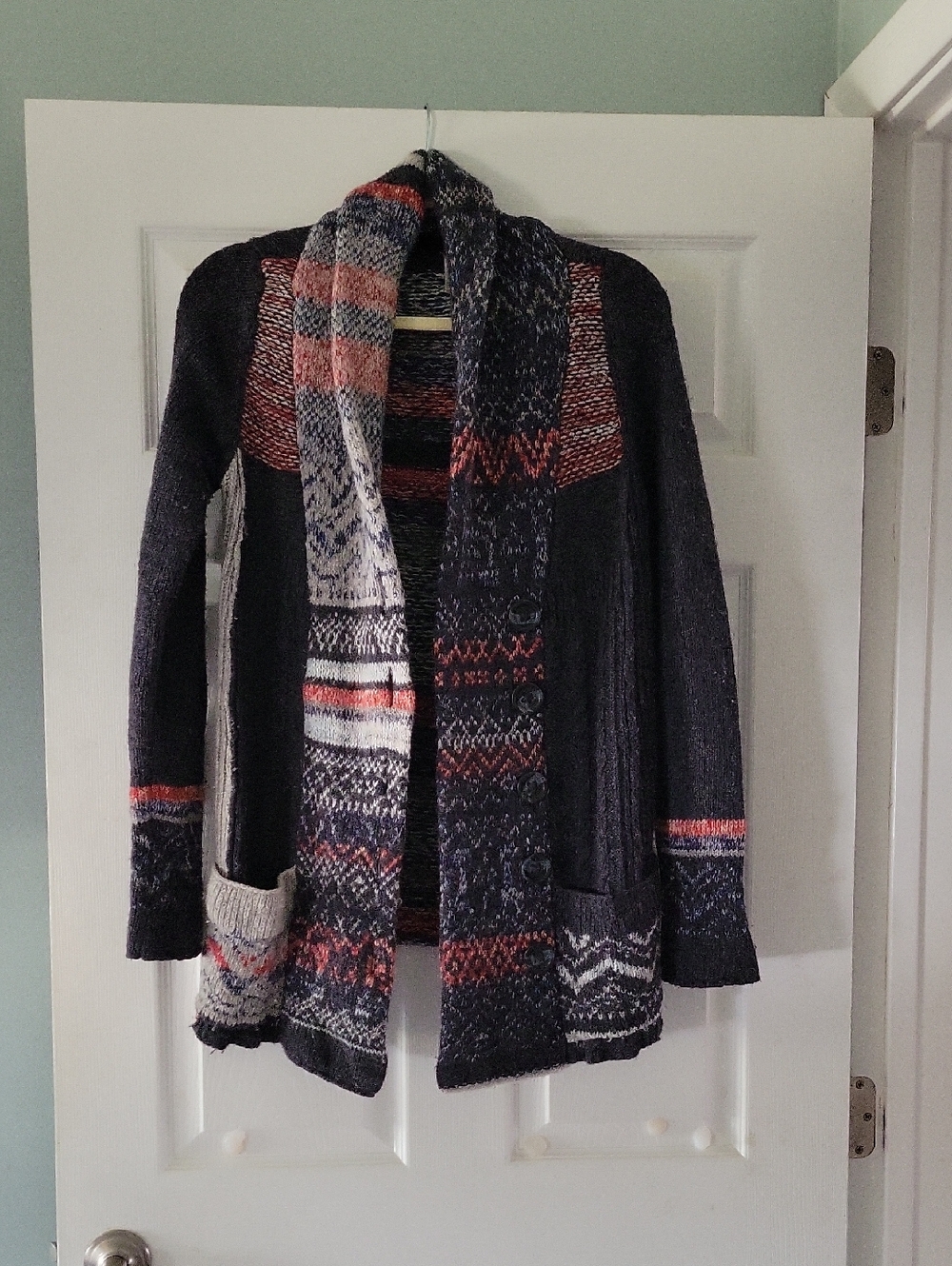 Free People Navy Multicolor Patterned Open Cardigan